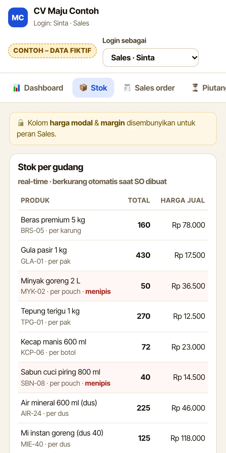 Contoh layar HP peran Sales (data fiktif): daftar stok per produk dengan harga jual, kolom harga modal dan margin disembunyikan