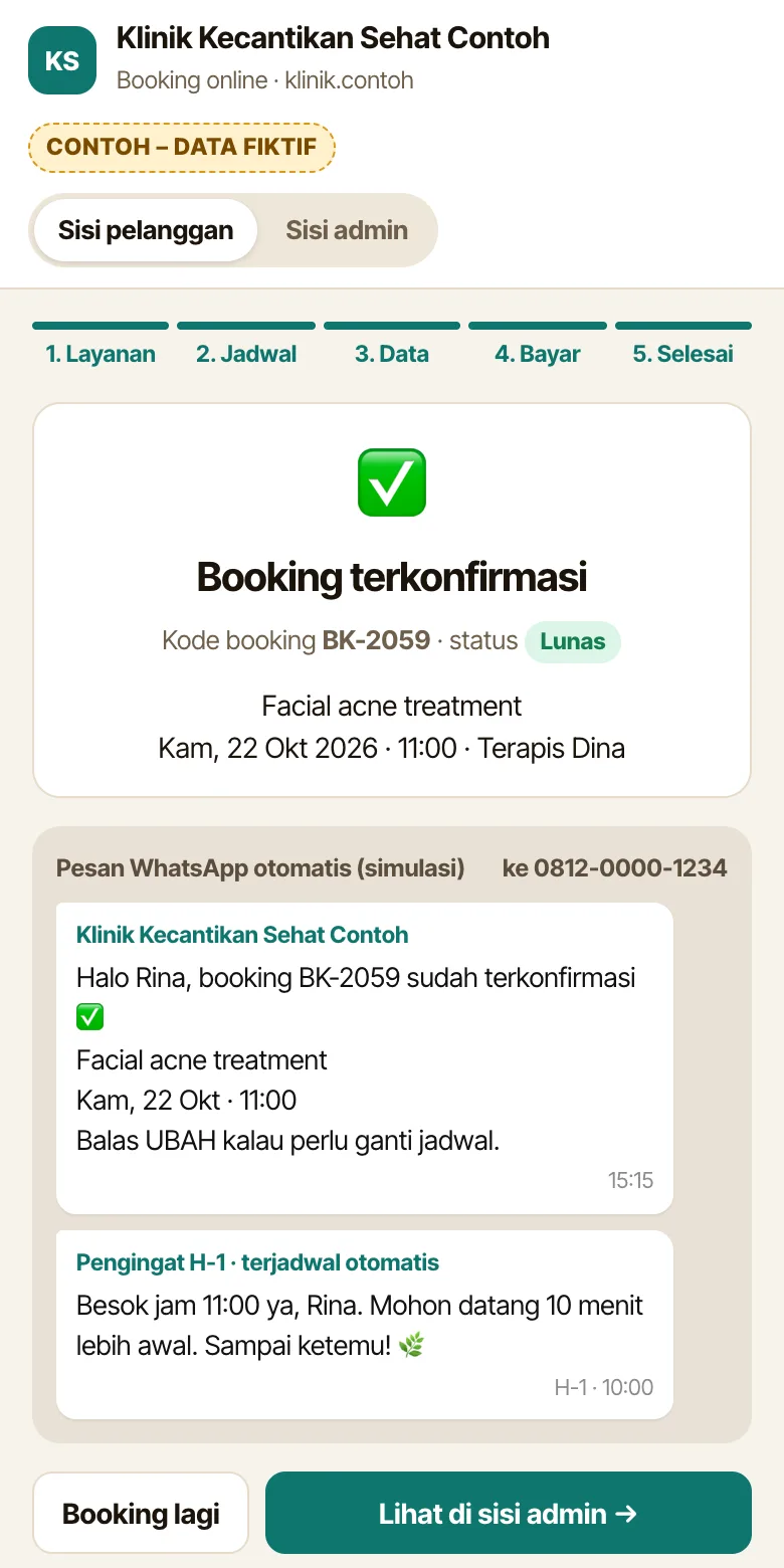 Contoh layar HP pelanggan (data fiktif): booking terkonfirmasi, status lunas, dan pesan WhatsApp pengingat otomatis