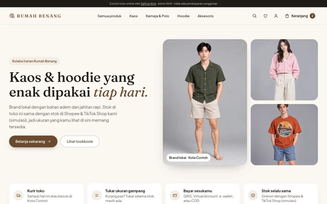 Homepage of the Rumah Benang demo shop: product photos of shirts and hoodies, a short intro and a shop button